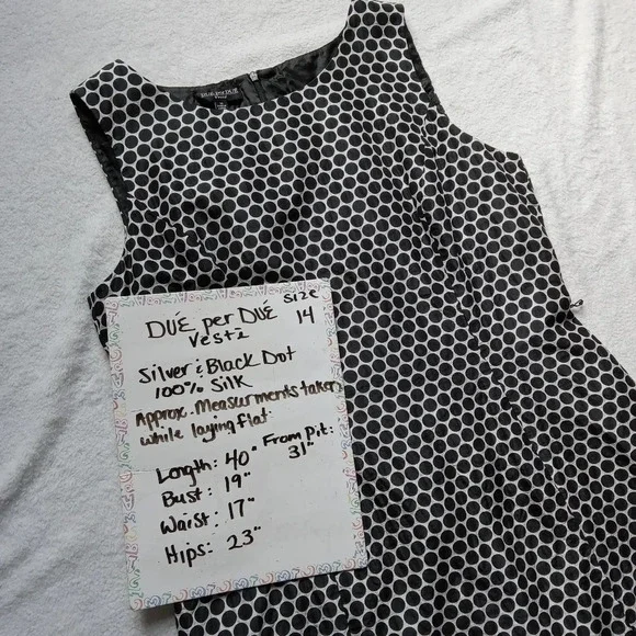 DUE per DUE Veste Silver & Black Dot Sleeveless Silk Dress size 14 - Picture 5 of 5